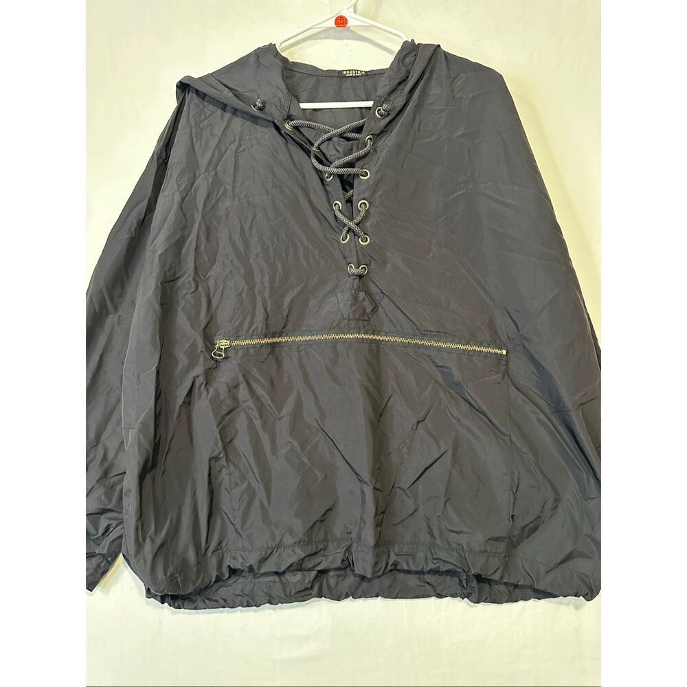 Industria Made In Italy Black Hooded Anorak Windbreaker Pullover Jacket OS